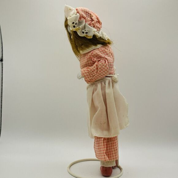 Vintage 9" Porcelain Doll Bendable Limbs Checkered Dress With Matching Bonnet - Picture 4 of 8